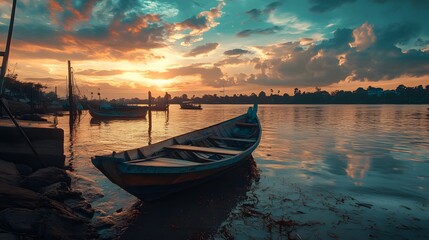 A wooden boat sits on a tranquil lake at sunset, with a vibrant sky and other boats in the distance.