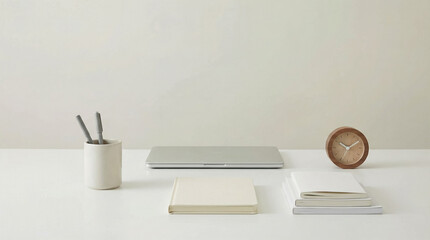 Minimal White Desk with Laptop Books and Clock Organized Symmetrically
