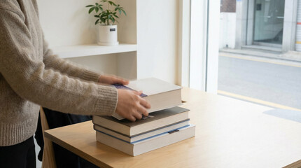 Stacking Books on Wooden Desk Near Window in Minimal Interior