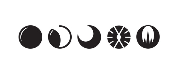 Set of five icons representing phases of moon cycle from full moon to crescent and stylized eclipse. © MdMahadi