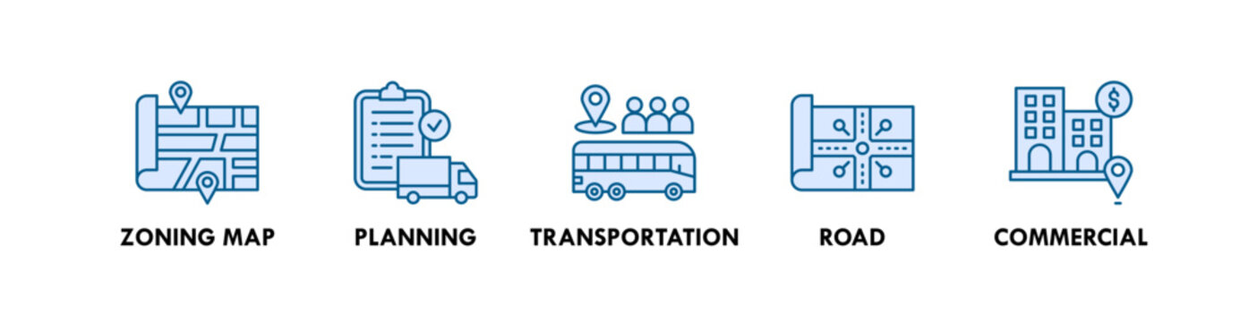 Urban Planning banner web icon illustration concept with icon of zoning map, planning, transportation, road, commercial