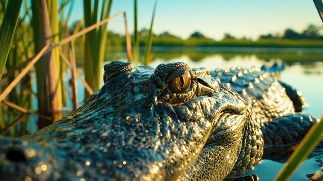 Low angle close up of an alligator with rough skin and orange eyes submerged in swamp water