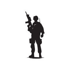 Silhouette soldier with rifle standing alert, military action, modern warfare, army special forces, concept graphic
