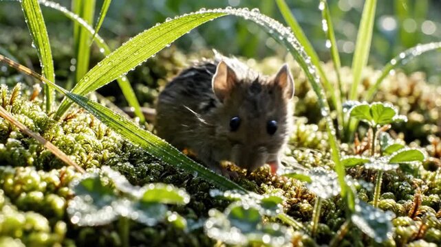 Cute field mouse foraging in the fresh grass on a bright sunny morning in close-up perspective