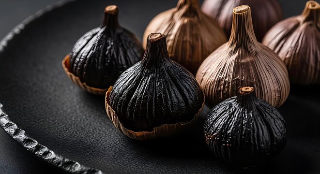 Gourmet fermented black solo garlic bulbs with peeled cloves on a rustic dark plate
