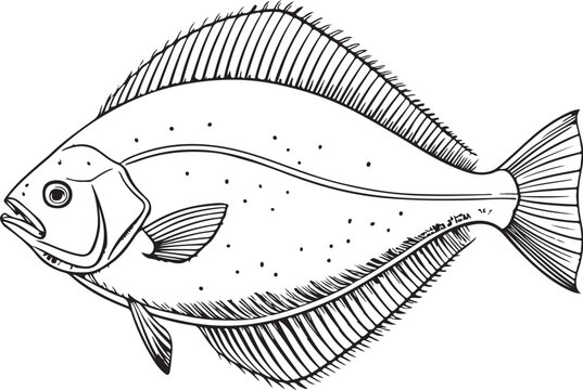 Halibut Fish Hand-drawn Sketch Drawing Vector Illustration, Line Linear Symbol Black and White Engraving, Isolated