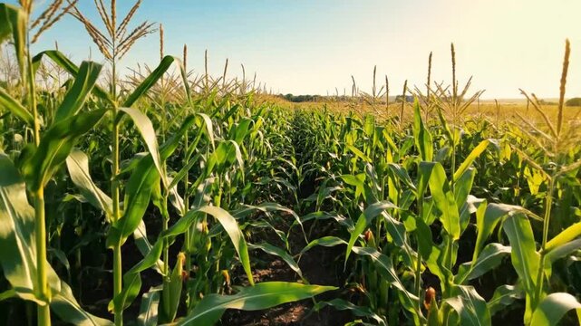 Scenic view of a cornfield bathed in warm sunlight under a clear blue summer sky