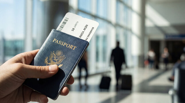 Traveler holding a US passport and boarding pass in a modern airport terminal. Focus on international journey documentation.