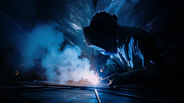 Welder Working with Sparks in Dark Factory.