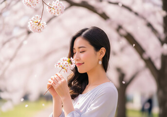 満開の桜の下で目を閉じ花の香りを心ゆくまで楽しむ女性