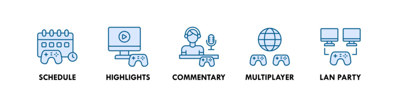 Esports banner web icon illustration concept with icon of schedule, highlights, commentary, multiplayer, lan party