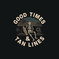 Good times and tan lines skeleton surfer character relaxing on beach under palm trees