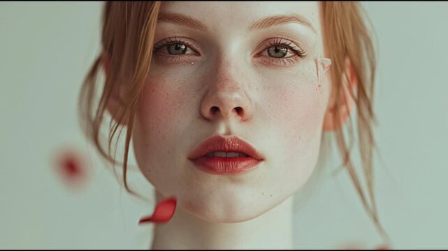 Close-up of a serene young woman with red hair and freckles, soft red petals gently falling around her face in a studio setting b roll for advertising and news