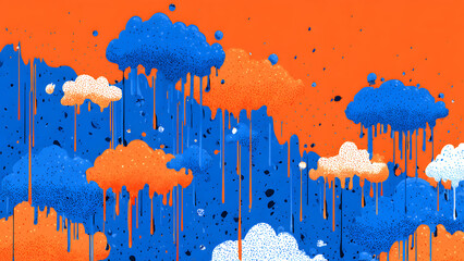 Fototapeta premium Vibrant Crimson Splatters Overlay Asymmetrical Memphis Clouds Stars Bold 80s Pop Art Vector Illustration.