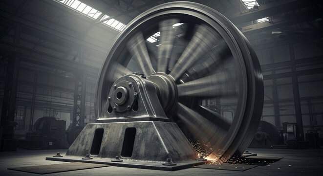 Large industrial flywheel in a dark warehouse with sparks heavy machinery and equipment for manufacturing or construction