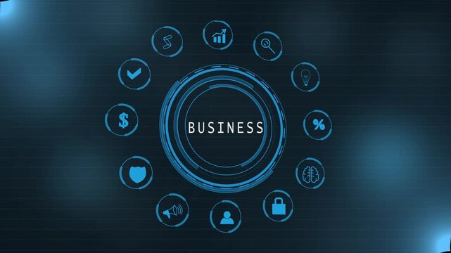 Cloud-based business concept with glowing icons and circular interface on dark blue background cloud based business