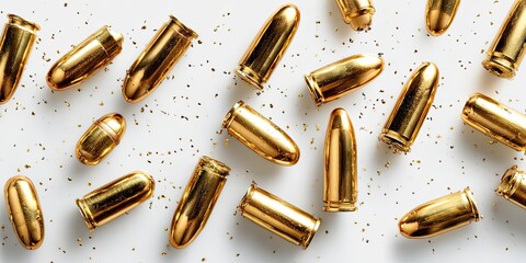 Gold-colored bullets scattered on a white background, with small golden flecks
