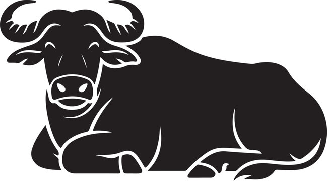 Strong Black Water Buffalo Lying Down Minimalist Vector Illustration