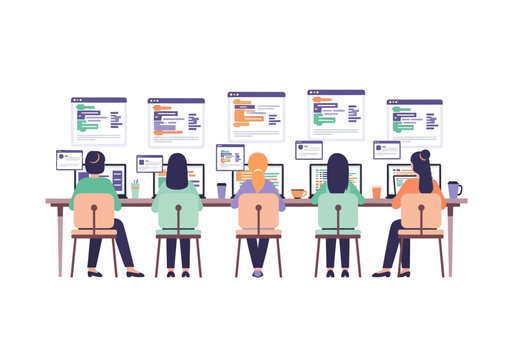 Team of developers working on computers in a modern tech office environment, illustrating collaborative programming and data analysis.