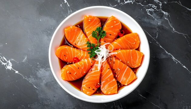 Fresh salmon sashimi arranged in a circular pattern in a white bowl with soy sauce and garnishes on a dark marble background, overhead view
