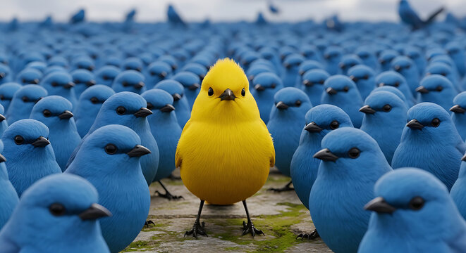 Vibrant yellow bird standing prominently amidst many identical blue avian creatures representing leadership individuality uniqueness and courage in a repetitive monochrome avian flock.