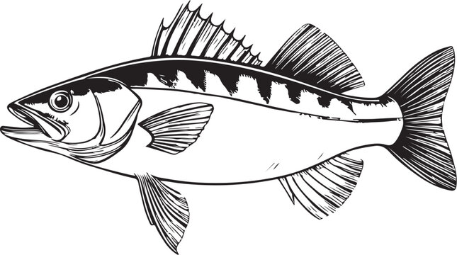 Zander Fish Hand-drawn Sketch Drawing Vector Illustration, Line Linear Symbol Black and White Engraving, Isolated