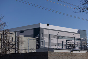 Obraz premium A power substation delivers energy via power line to a data center in Santa Clara, California, USA.