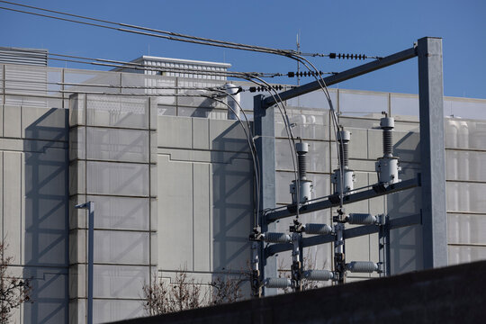 A power substation delivers energy via power line to a data center in Santa Clara, California, USA.
