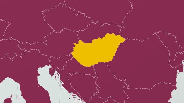 Hungary map. Animated zoom into the country on the Globe in Pale Mint Dark Pink color palette. Country logo animation with round text and airplanes. Map with meridians, parallels. Neat video.