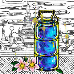 bottle and glass A Thai-inspired illustration featuring a blue tiffin carrier in the foreground with a black-and-white temple background and soft pink flowers © ayala