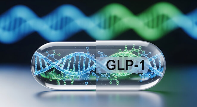 Advanced glp1 medication capsule featuring glowing dna helix structure representing innovative scientific weight loss treatment, metabolic health, and futuristic biotechnology therapy.