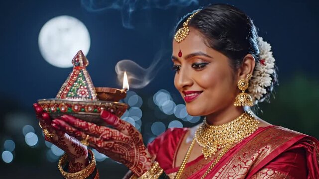 Traditional Indian woman celebrating Karwa chauth under the moon