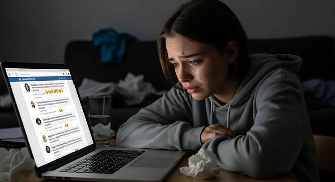Distressed teenage girl sitting in front of a laptop computer screen, visibly upset and crying while reading hurtful cyberbullying messages, emotional stress from online harassment and abuse.