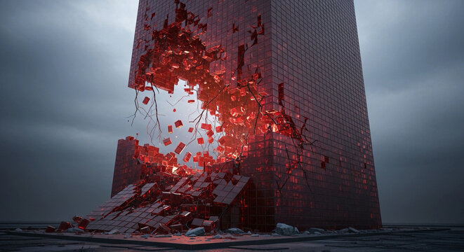 A tall building explodes violently with red bricks and debris flying everywhere under a dark stormy sky with ominous clouds