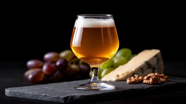 Glass of beer is on a table with a wedge of cheese and some grapes