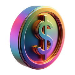 Fototapeta premium A colorful 3D dollar sign coin with a rainbow gradient on its surface shining brightly isolated on transparent background