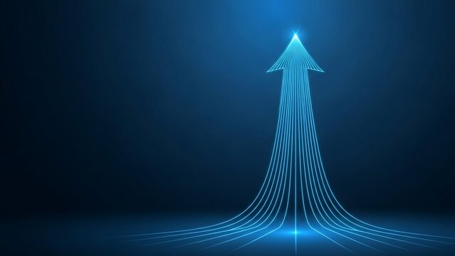 Abstract blue arrow formed by converging lines pointing upwards on a dark background, symbolizing progress, growth, and future direction.