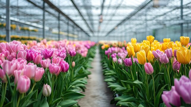 Floriculture Industry with Blooming Tulip Rows
