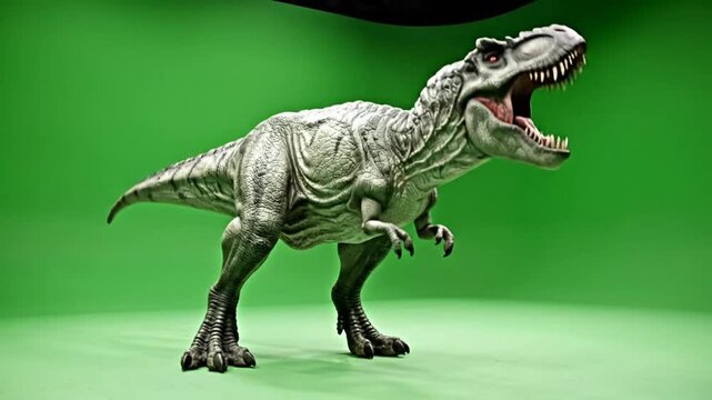 Lifelike Tyrannosaurus Rex Dinosaur Model on Green Screen Background, Mouth Open Ready to Attack