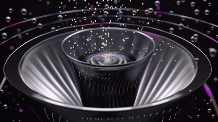 Metallic funnel-like structure with a glass cup inside, water ripples and particles floating around