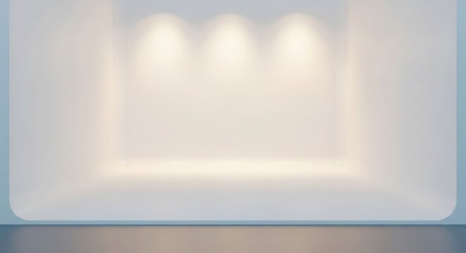 An empty minimalist white room with three spotlights illuminating the back wall and floor, creating a soft glow.