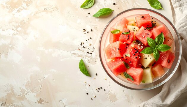 refreshing summer watermelon salad with fresh basil and sesame seeds in a glass bowl on a marble background