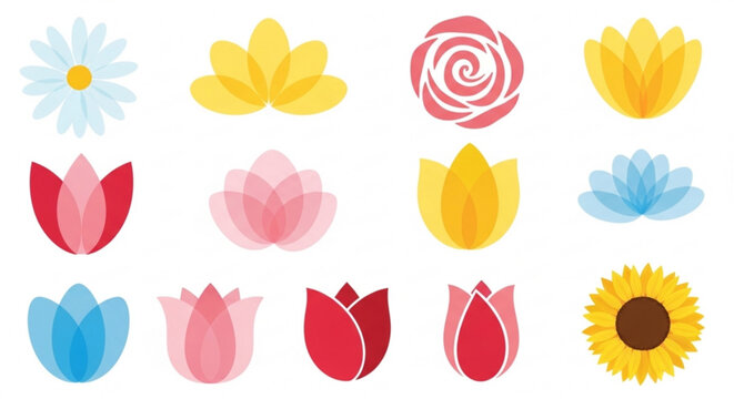 Colorful floral icons set with various flowers on white background