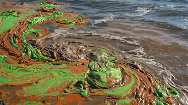 Toxic algae bloom pollution of sea water, waves and green and brown colored swirling algal mats visible on the water surface.