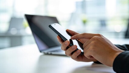 Fototapeta premium Close up of hands using smartphone with laptop on desk,online communication and mobile business concept,digital marketing and remote work lifestyle