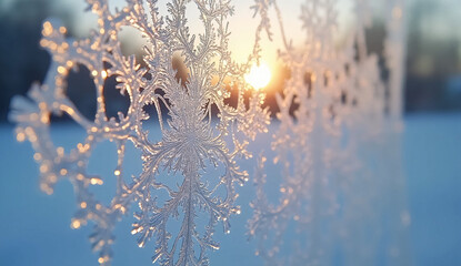 Extreme close-up of a single pane of frost with intricate, crystalline fractal patterns. Clear ice with tiny trapped air bubbles and sharp, needle-like textures. Backlit by a soft morning sun to creat