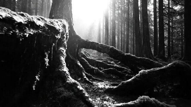 Black and white view of a sunlit forest with the gnarled roots of a large tree in the foreground