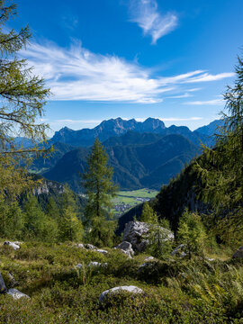 view from Loferer Steinberge towards Reiter Alm mountain range, the highest peaks are Haeuslhorn, Wagendrischelhorn and Stadelhorn, Berchtesgaden national park, bavarian alps, Salzburger Land, Austria