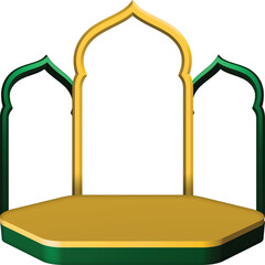 Islamic podium 3D display stage for product presentation with golden mosque frame arch.