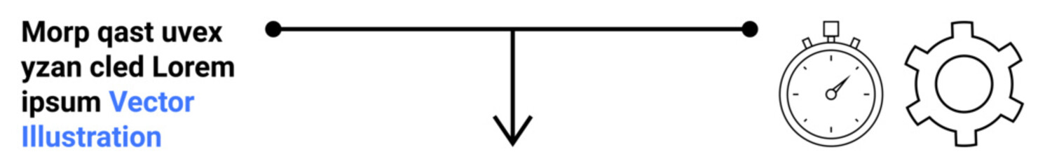 Obraz premium Horizontal timeline arrow pointing downward, stopwatch on the left, gear on the right. Ideal for productivity, planning, deadlines, workflow, tracking, efficiency simple landing page